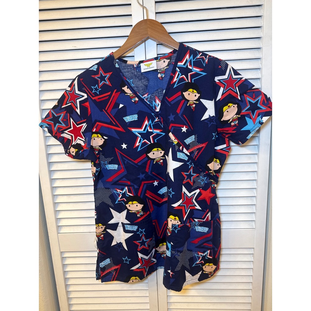 Wonder Woman Scrub Top DC Comics Chibi Stars V-Neck Mock Wrap Blue Red White